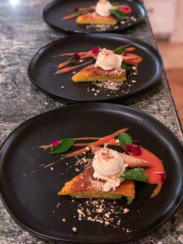Gluten free almond tart with guava emulsion and rose water chantilly
