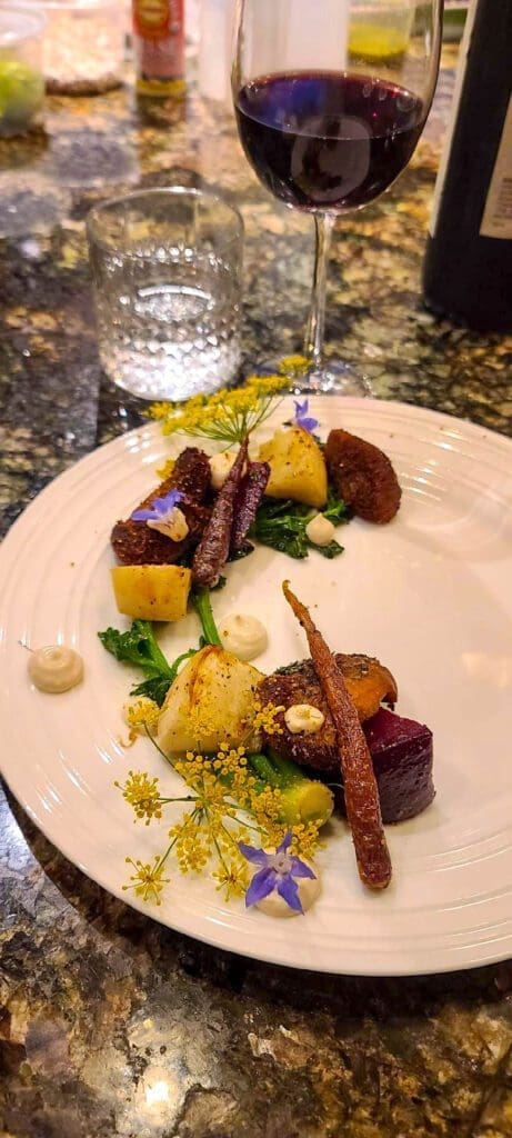 Chickpea Panisse, Fennel pollen and roasted Okoa Farm's root vegetables