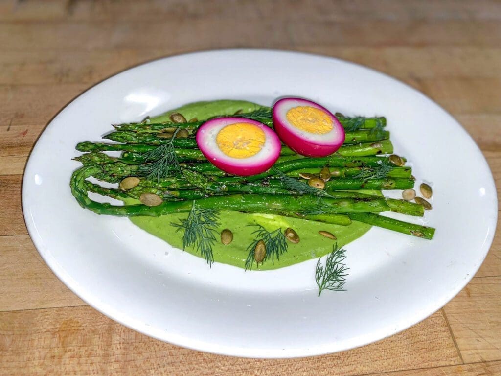 Grilled asparagus with green goddess and a beet pickled egg