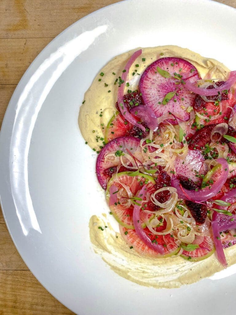 Radish & pickled onion salad with white bean purée