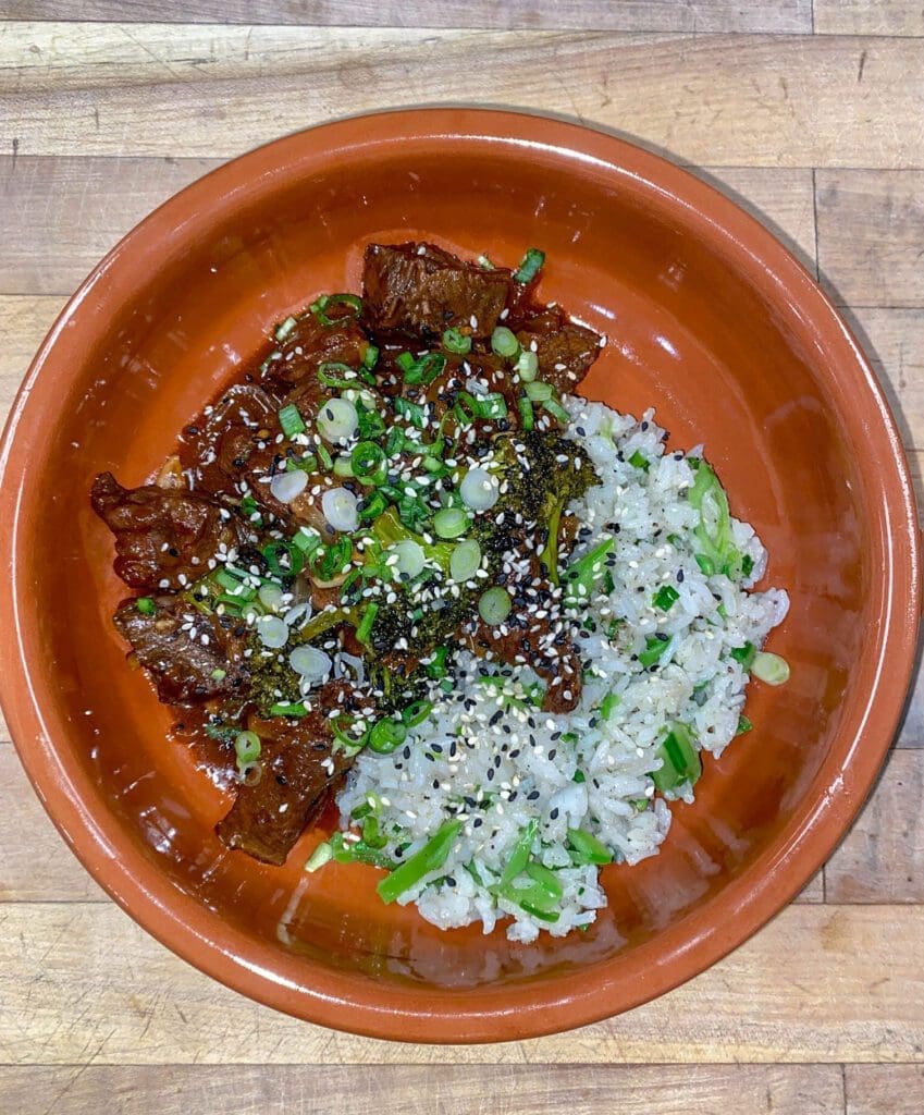 Asian beef short ribs with snap pea fried rice